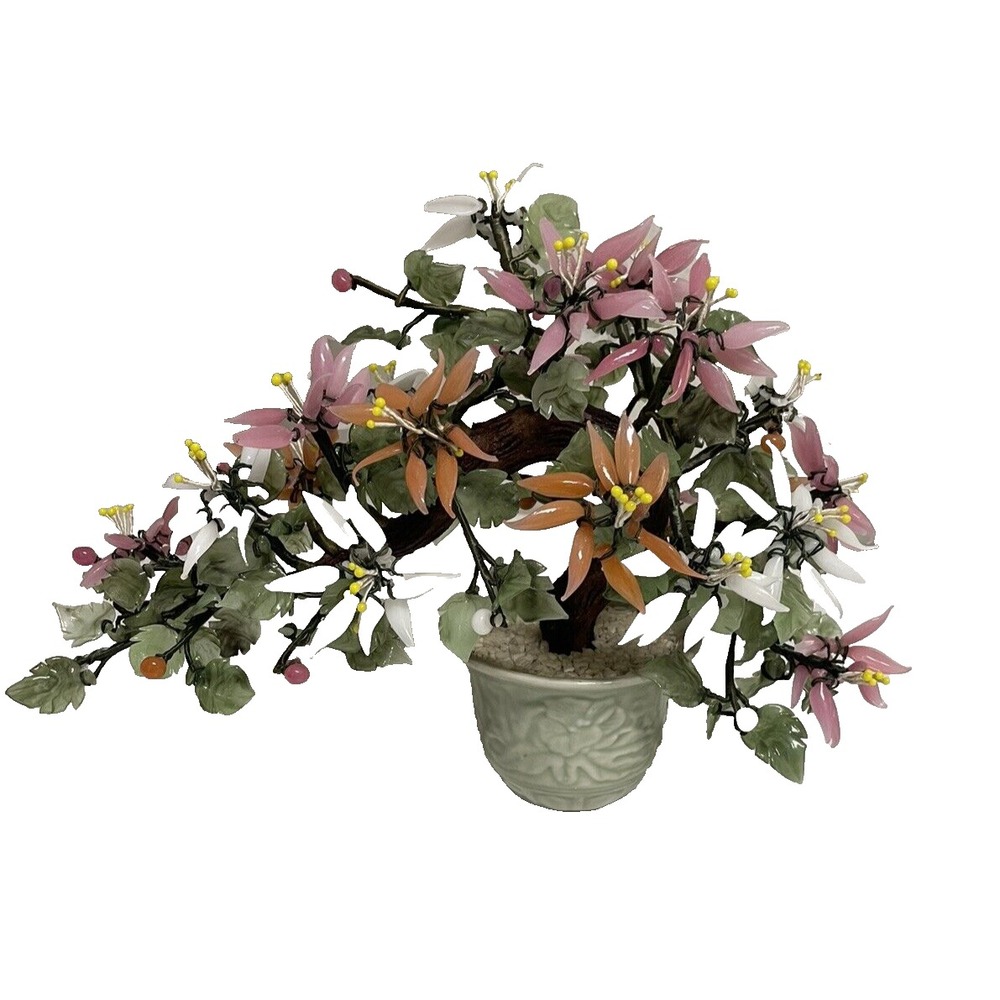Vintage Asian Jade Stone Glass Bonsai Tree Celadon Pot Pink Orange White Flowers